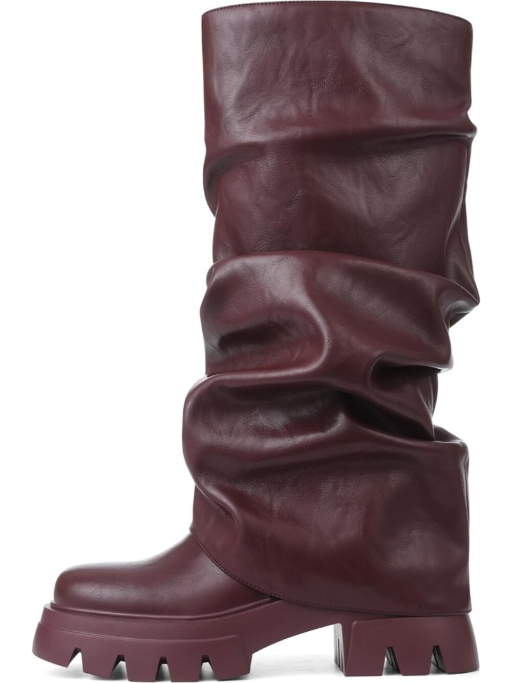 Women's Burgundy Fold Over Slouchy Metallic Silver Chunky Stacked Mid Calf Boots